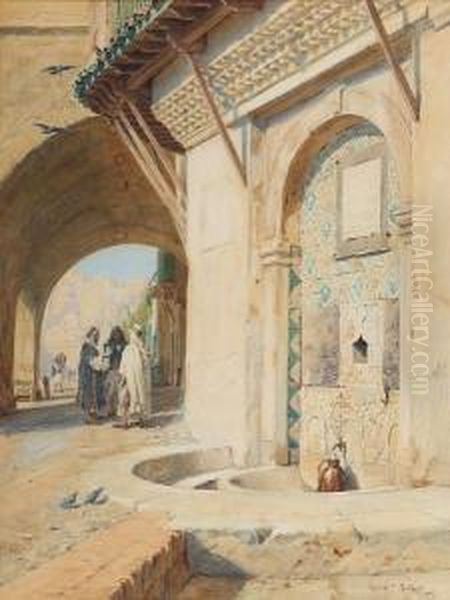 Moroccan Street Scene, With Figures Conversing Beneath An Arch Oil Painting by George Quartus Pine Talbot