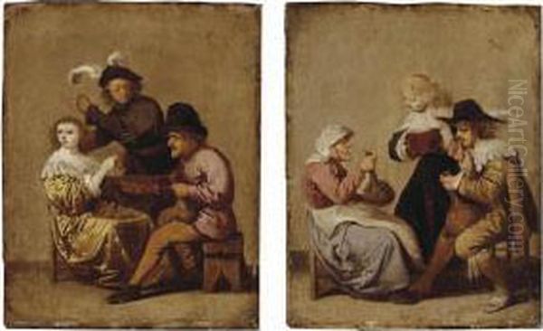 A Drinking Peasant Courting A Young Lady With An Angry Young Gentleman Nearby Oil Painting by Pieter Jansz. Quast