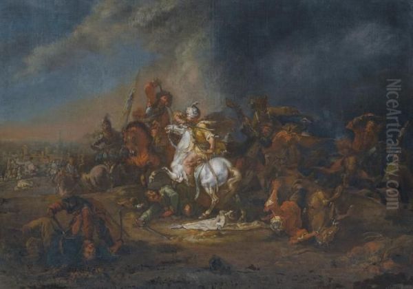 A Pair Of Cavalry Skirmishes Between Turks And Christians Oil Painting by August Querfurt