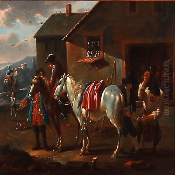 The White Horse Is Being Shoed Oil Painting by August Querfurt