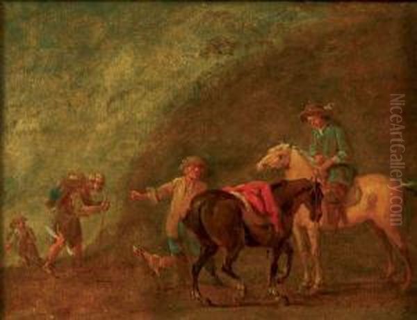 Cavaliers A Cheval Demandant Leur Chemin Oil Painting by August Querfurt