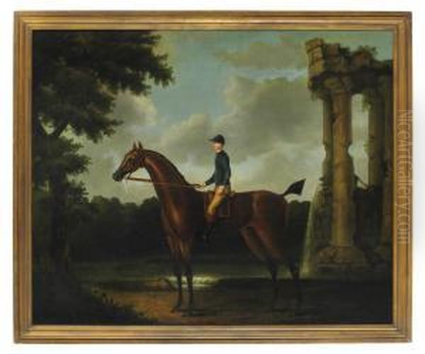 A Bay Racehorse With Jockey Up In A Wooded Landscape By A Classical Ruin With A Fountain Inscribed 'drowsy Oil Painting by Daniel Quigley