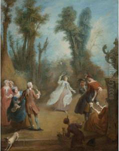 Elegant Figures Playing Shuttlecock In A Park Oil Painting by Pierre Antoine Quillard