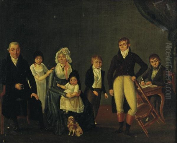 Family In An Interior Oil Painting by Cesaire Quillier