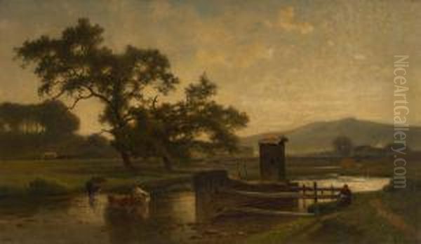 Vaches Traversant La Riviere Oil Painting by Joseph Quinaux