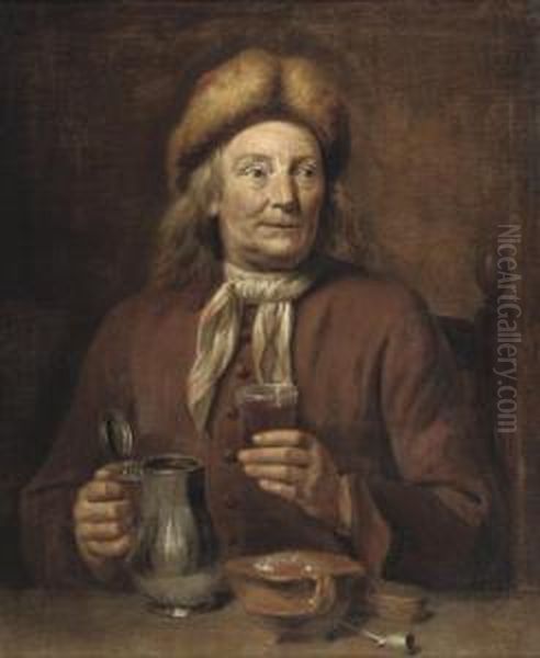 A Gentleman Seated At A Table Smoking And Drinking Oil Painting by Jan Maurits Quinkhard