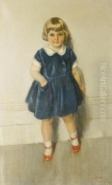 Portrait Of A Little Girl, Full Length, Wearing A Blue Dress And Red Shoes by James Peter Quinn