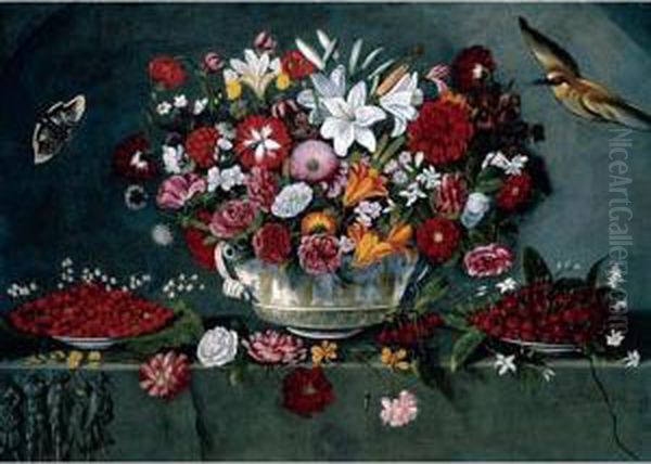 Still Life Of Flowers In A Ceramic Pot, Flanked By A Plate Of Cherries And A Plate Of Wild Strawberries, Together With Various Blooms, All Arranged Upon A Stone Relief, With A Bird And Butterfly Oil Painting by Giovanni Quinsa