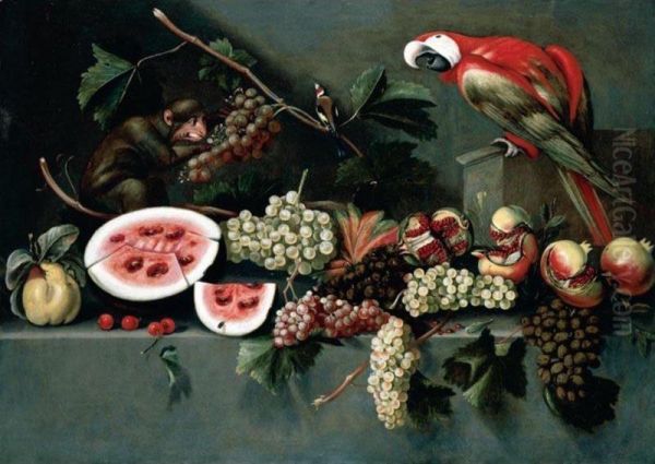 Still Life Of Watermelon, Grapes, Pomegranates, Pears And Cherries, Together With A Monkey, A Goldfinch And A Macaw, Set Upon A Stone Ledge Oil Painting by Giovanni Quinsa