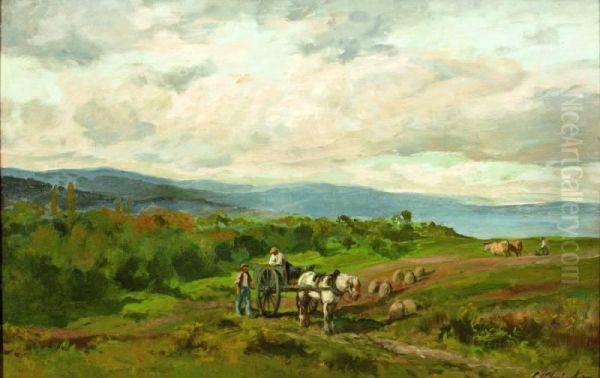 Heuvellandschap Met Paard En Wagen En Ploegende Boer Oil Painting by Clement Quinton