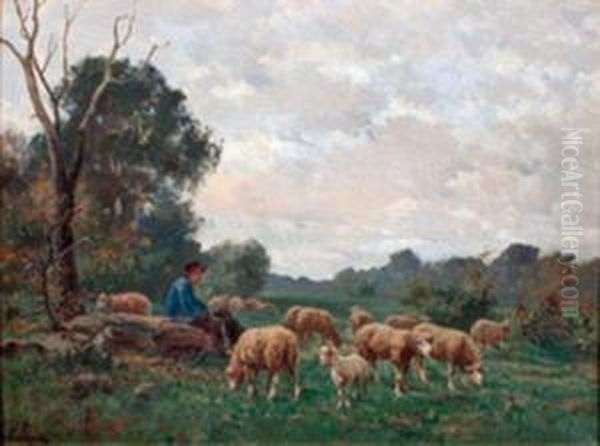 Jeune Berger Et Troupeau De Moutons Oil Painting by Clement Quinton