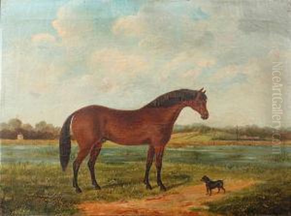 A Bay Hunter And A Terrier In A Landscape Oil Painting by J. Quinton