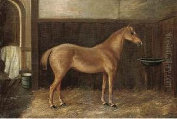 A Chestnut Hunter In A Stable Oil Painting by J. Quinton