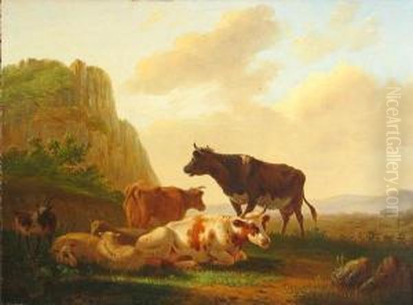 Cattle And Sheep Resting In A Landscape Oil Painting by Matthijs Quispel