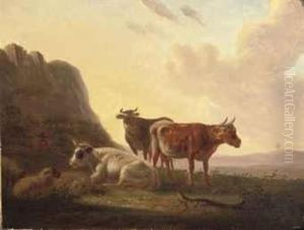 A Herdsman And His Cattle At Sunset Oil Painting by Matthijs Quispel