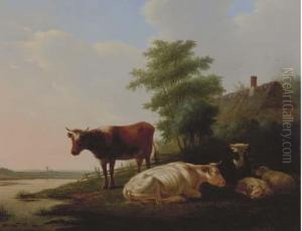 Cattle And Sheep On A Riverbank By A Farmhouse Oil Painting by Matthijs Quispel