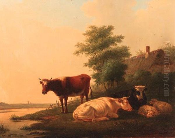 Cattle And Sheep On A Riverbank By A Farmhouse Oil Painting by Matthijs Quispel