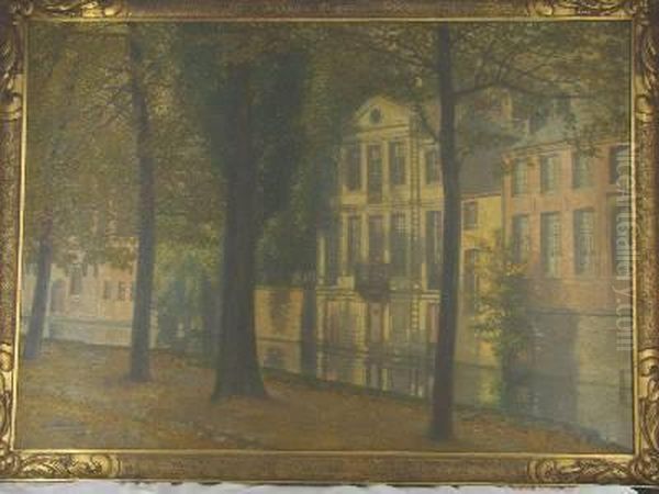 Depicting A Scene Of Awet Dutch Street Scene, With Autumn Trees In The Foreground. Oil Painting by Jan Quisthout