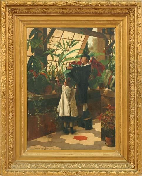 Children In The Conservatory Oil Painting by Edward Quitton