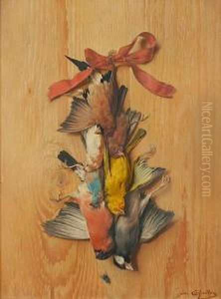 A Still Life Of Song Birds Hung By A Redribbon Oil Painting by Edward Quitton