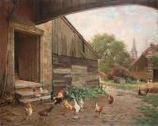 Cock And Chickens Oil Painting by Edward Quitton