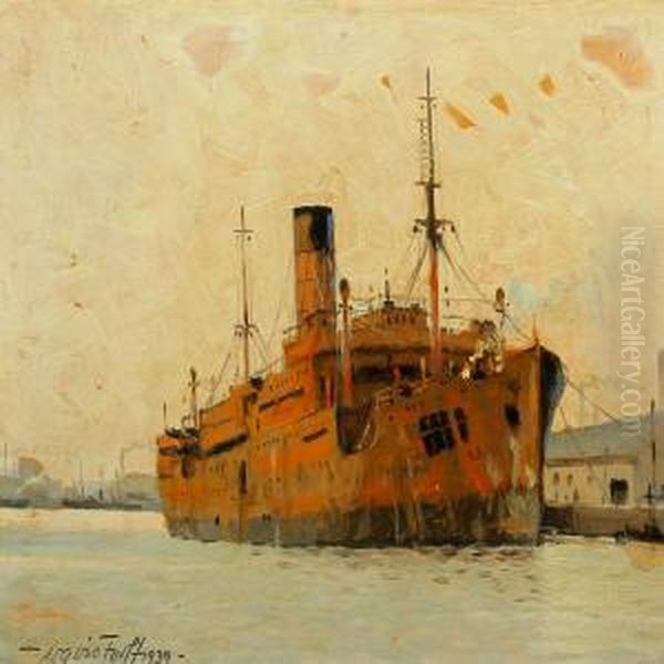 Harbour With Cargo Ship Oil Painting by Victor H.W. Qvistorff