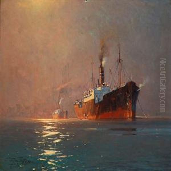 Ships In Copenhagen Harbour Oil Painting by Victor H.W. Qvistorff