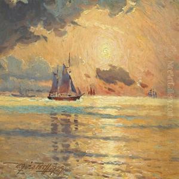 Seascape With Sailing Ships At Sunset Oil Painting by Victor H.W. Qvistorff