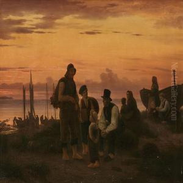 The Fishermen Of Hornbaek Gathering In The Eveningafter A Workday Oil Painting by Peter Johann Raadsig