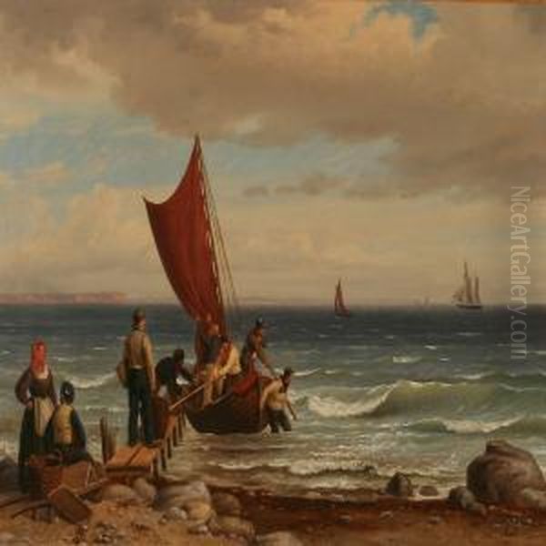 Coastal Scene With Fishermen Who Gets The Caught On Land Oil Painting by Peter Johann Raadsig