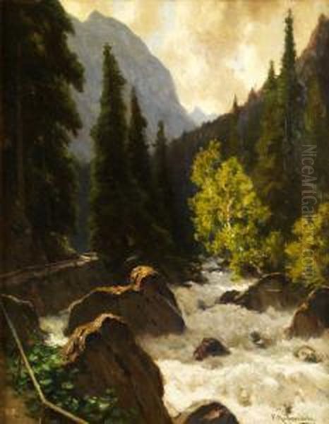 Wildbach In Den Bergen Oil Painting by Fritz Rabending