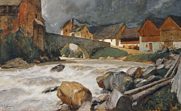 Stadtchen Am Gebirgsbach Oil Painting by Fritz Rabending