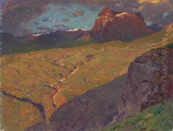 Sommerliche Hochgebirgslandschaft Bei Gewitterstimmung Oil Painting by Fritz Rabending