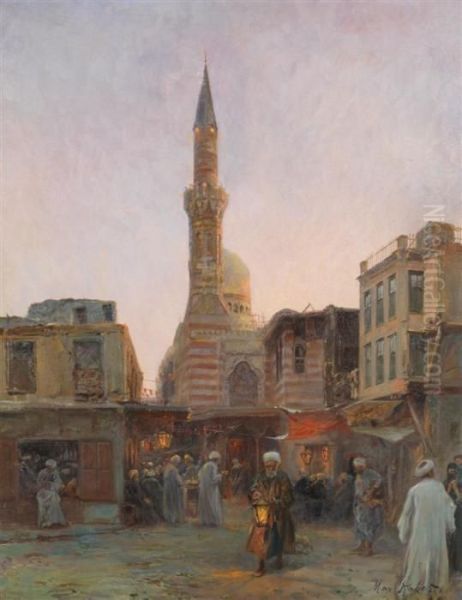 Rue Animee Au Caire Oil Painting by Max Friedrich Rabes