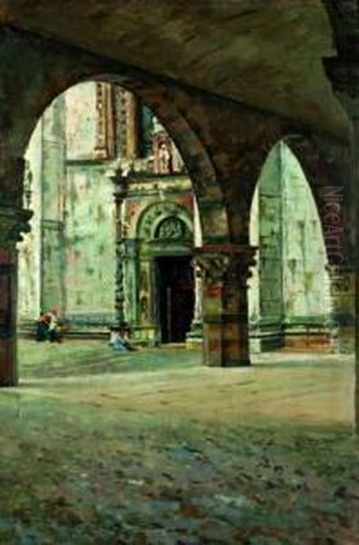 La Porta Della Rana E Il Portico Del Broletto Del Duomo Di Como Oil Painting by Domenico Rabioglio