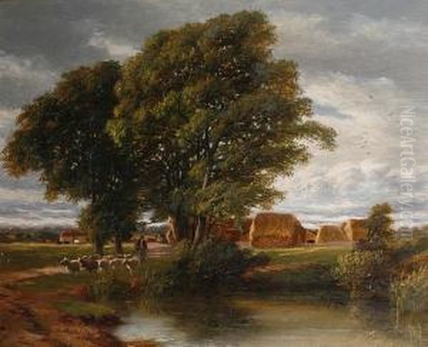 A Farmstead With A Shepherd And His Flock In The Foreground Oil Painting by Charles Walter Radclyffe