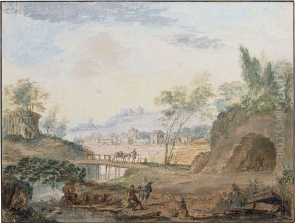 An Italianate Landscape With A Chapel Beside A Lake Oil Painting by Abraham Rademaker