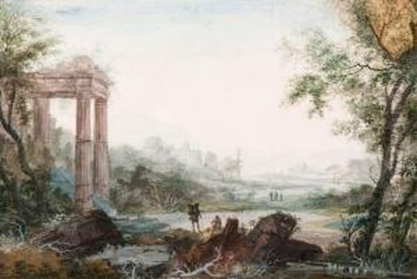 Figures Near A Ruin In An Italianised Landscape Oil Painting by Abraham Rademaker