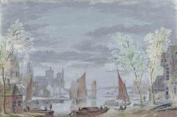 View Of Shipping On A River, A Castle Beyond Oil Painting by Abraham Rademaker