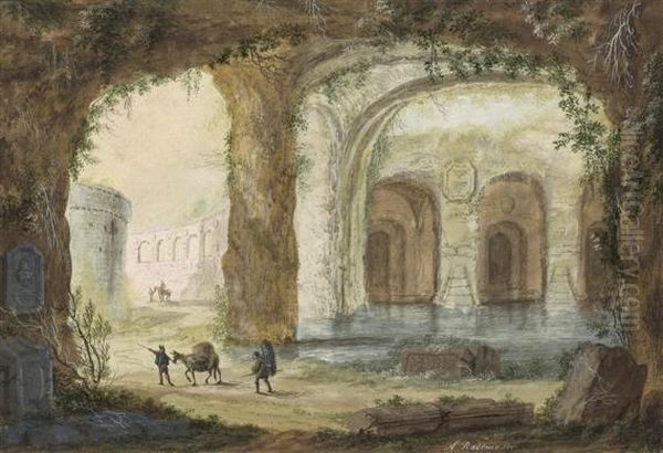 Italian Landscape With Grottos And Ruins Oil Painting by Abraham Rademaker