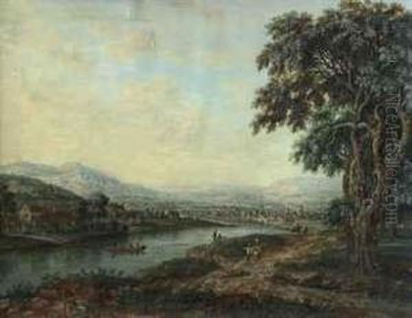 A River Landscape With A Town Beyond Oil Painting by Abraham Rademaker