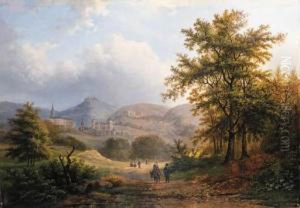 A Mountainous Woodland With The Kurhaus, Cleves, In The Distance; Awooded River Landscape At Dusk Oil Painting by Hermanus Everhardus Rademaker