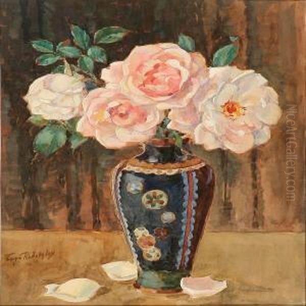 Still Life With Rosesin A Vase Oil Painting by Tage Radetzky