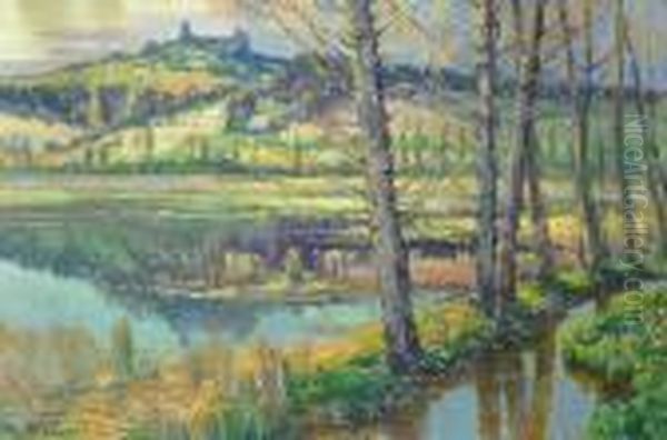 A Landscape With A Lake And Trosky Castle Oil Painting by Vaclav Radimsky