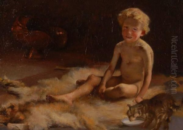 Young Boy With Cat On A Fur Rug Oil Painting by Cecil W. Rae