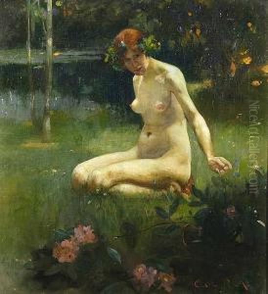 A Nude Lady In A Lakeland Setting Oil Painting by Cecil W. Rae