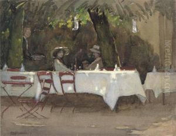 Dappled Sunlight At The Outdoor Cafe Oil Painting by Ethel Maud Raeburn