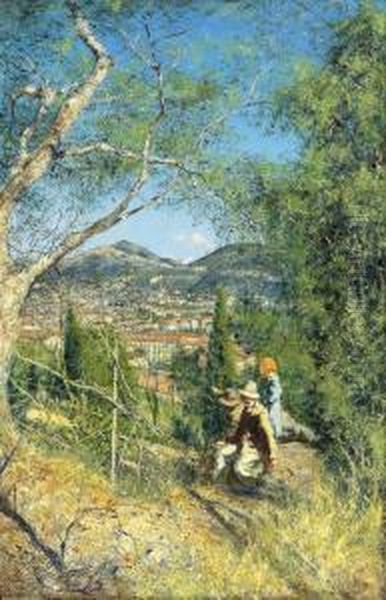 A Hillside Walk Oil Painting by Jean-Francois Raffaelli