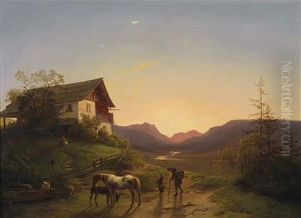 An Open Landscape With Horses In The Evening Light Oil Painting by Ignaz Raffalt