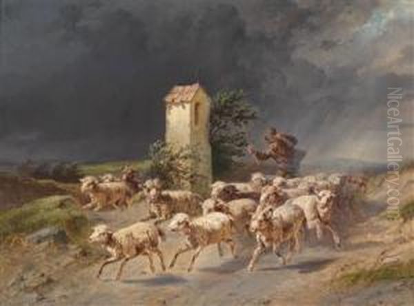 Flight Of A Shepherd With His Sheep From An Oncoming Storm Oil Painting by Johann Gualbert Raffalt